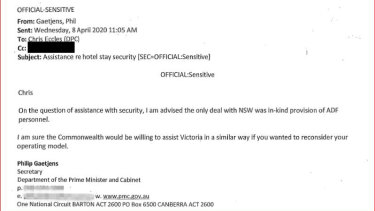 A copy of Phil Gaetjens' email offering ADF support to Victoria.