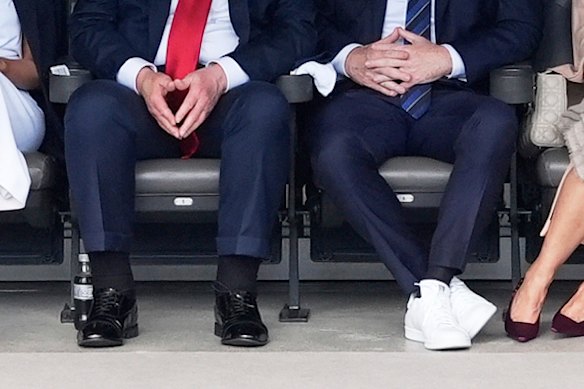 Trump’s swollen lower legs (left) caused concern during a recent appearance at the FIFA Club World Cup game in New Jersey on Sunday.