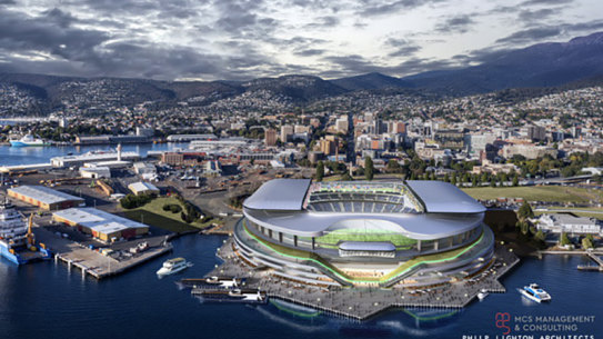 An artist’s impression of the new sporting stadium proposed in Hobart.