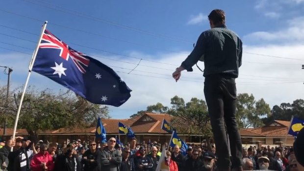 Liberal MP Andrew Hastie addresses striking AWU workers in his electorate of Canning, south of Perth.