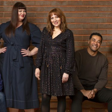 The cast of new Melbourne comedy Spreadsheet (from left) Stephen Curry, Katrina Milosevic, Katherine Parkinson, Robbie Magasiva and Rowan Witt.



