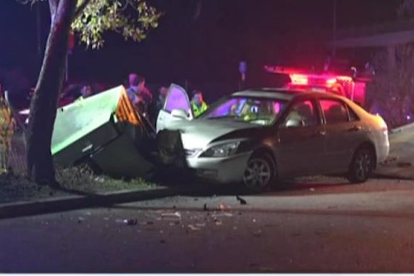 The car crashed into a power box on Leach Highway overnight.