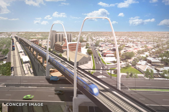 A proposed new rail bridge at Ballarat Road, unveiled by the Victorian and federal governments last month as part of the airport rail project.