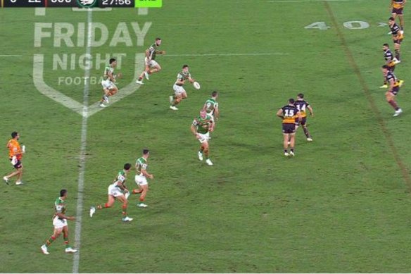 Tom Burgess turns to run from the field after Souths officials screamed at him to come off.