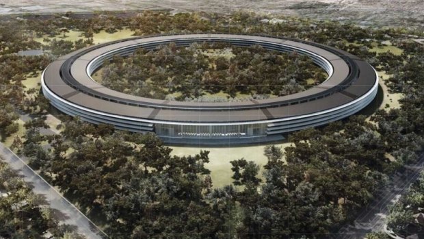 An architectural drawing of Apple's "spaceship" headquarters in Cupertino, California.