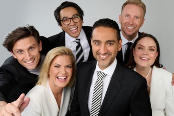 The Project’s line-up includes (clockwise from left) Sam Taunton, Michael Hing, Hamish Macdonald, Georgie Tunny, Waleed Aly and Sarah Harris.