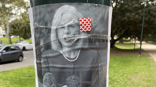 The image of Dr Jeannette Young and a quote from one of her media conferences earlier this year has been used in an antivax campaign in Melbourne