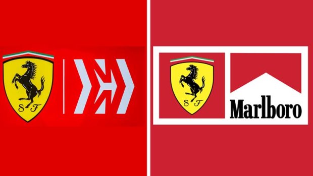 The new Ferrari/Mission Winnow logo compared with the old Ferrari/Marlboro one.