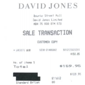 A receipt from David Jones shows an employee bought a Lacoste branded item for $159.95.