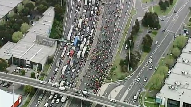 A still from the Nine helicopter of protests in Melbourne on Tuesday. 