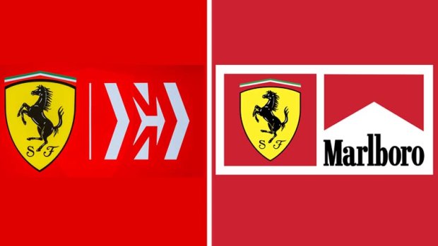 The new Ferrari/Mission Winnow logo compared with the old Ferrari/Marlboro one.