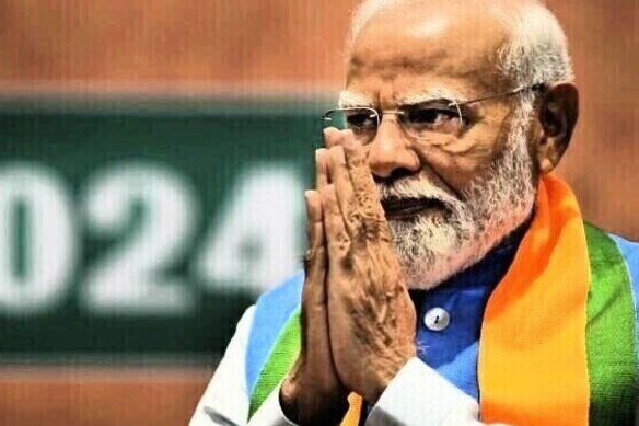 Altered picture of Indian Prime Minister Narendra Modi greets during the unveiling of his Hindu nationalist Bharatiya Janata party’s election manifesto in New Delhi, India. 