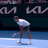 Roger Federer with a backhand return down the line during his 2026 Australian Open practice session with Casper Ruud.
