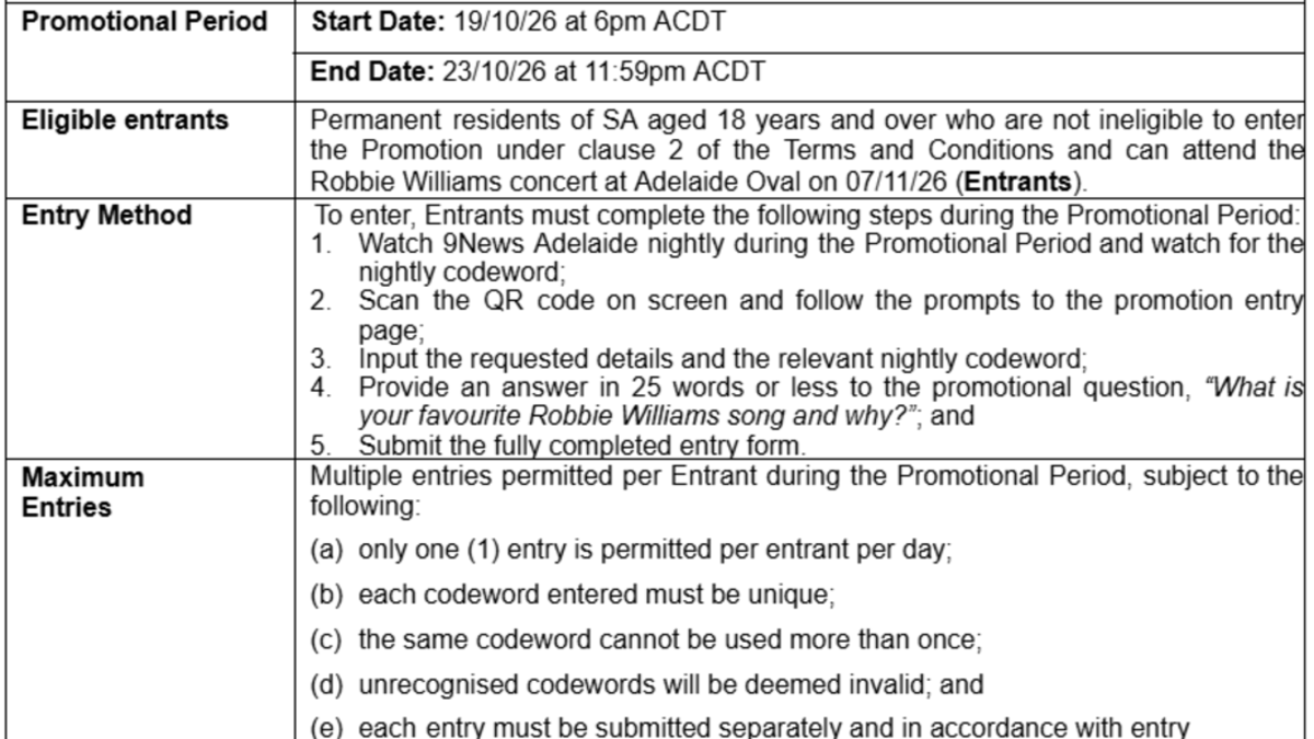Robbie Williams x 9News Adelaide Giveaway Competition Terms &Conditions