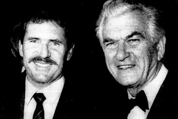 Bob Hawke and Allan Border at the 1989 Ashes Victory Dinner in Melbourne. 
