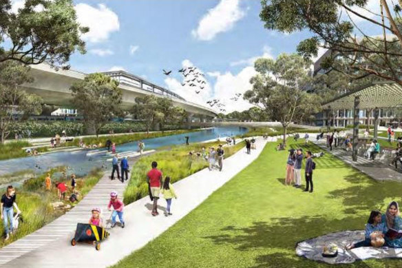 An artist’s impression of the City of Melbourne’s vision for the Macaulay part of Moonee Ponds Creek.