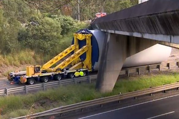 The section of wind turbine jammed under the Mount Crosby Road overpass.