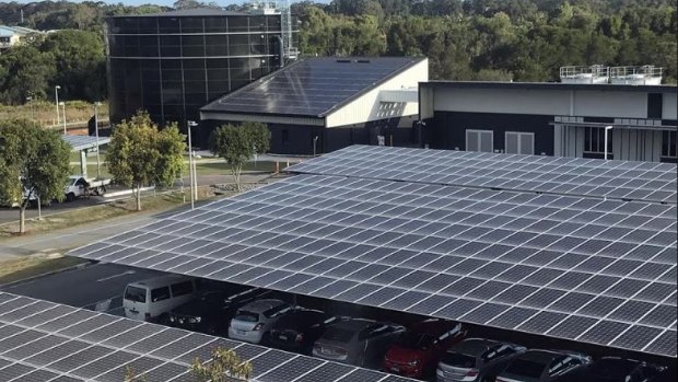 University of the Sunshine Coast solar thermal plant is saving 40 per cent of the university's air conditioning costs. Water is  chilled using energy powered by the solar panels and stored in the circular water 'battery'.