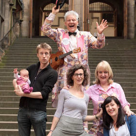 Denise Scott (at right) and husband John (top) at the Edinburgh Fringe Festival in 2012 with fellow comedians (from left) Sammy J, Felicity Ward, and Celia Pacquola.