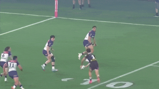 Reece Walsh celebrates a try.