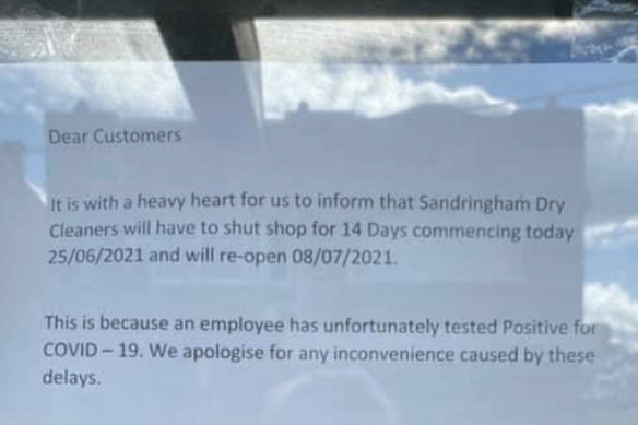 Facebook photo showing notice in window at Sandringham Dry Cleaners, closed due to staff member testing positive to COVID-19.