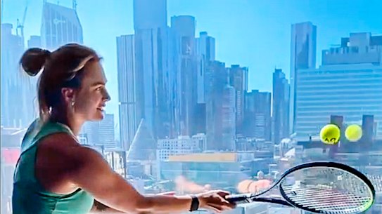 Belarusian tennis player Aryna Sabalenka practises in hotel quarantine at the Grand Hyatt .