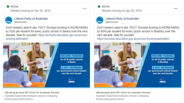 Ads the Liberal Party is running on Facebook.