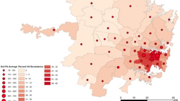 Toxic Sydney: map shows the percentages of homes where lead has been found above safe guidelines in soil sampled. Supplied by Macquarie University / VegeSafe