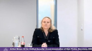 Health Department boss Kym Peake was questioned about why she did not brief her former boss Jenny Mikakos, who quit as health minister on Saturday, on key concerns. 