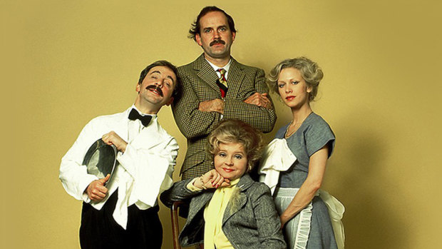 The Fawlty Towers cast: Andrew Sachs as Manuel; John Cleese as Basil; Connie Booth as Polly and Prunella Scales as Sybil.