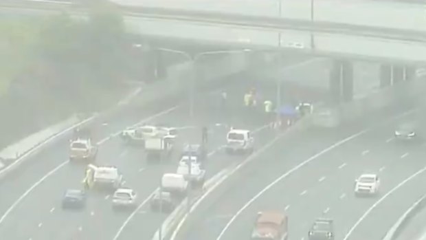 The scene on the Logan Motorway after Mr Abdi was shot dead by police in Drewvale.