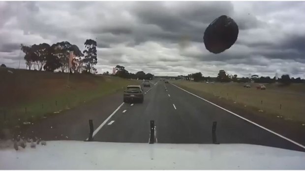 A truck driving along Melbourne’s Western Highway has been attacked by rock throwers.