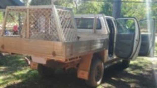 Ms Steele's white Toyota HiLux with dog cage on the back