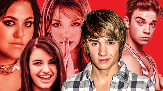 Teenage popstars, clockwise from top left: Casey Donovan, Brittney Spears, Robbie Williams, Liam Payne and Rebecca Black.