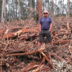 John Perkins, convener of Friends of Durras standing in logging debris near Batemans Bay. 