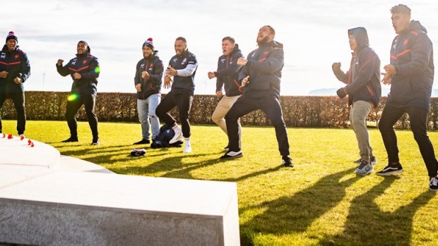 Moving: The Roosters' New Zealand players perform an emotional haka.