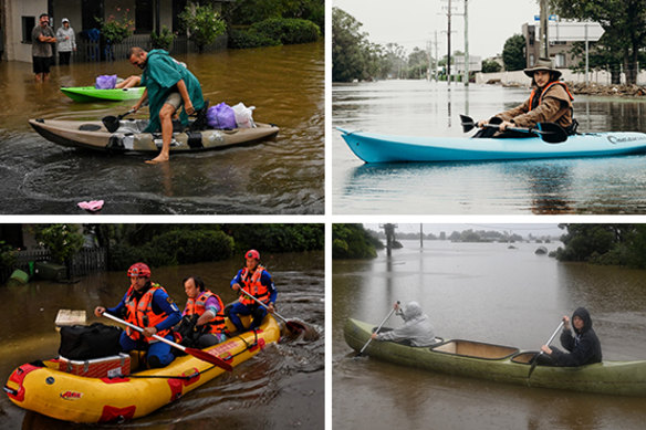 Residents do their best to evacuate flooded areas throughout the Hawkesbury on Monday.