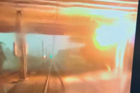Footage has captured the moment lightning hits a pole on Sydney’s train network, bringing down a section of the T2 and T5 line.