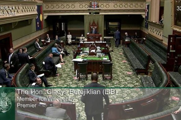 The moment the opposition walked out of NSW Parliament following Labor Leader Jodi McKay’s expulsion from the chamber. 