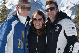 Anthony Koletti and Melissa Caddick and her son on the ski slopes.