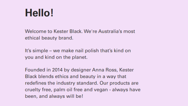 Now-deleted comments on the Kester Black 'about' page claiming its products were palm oil free.