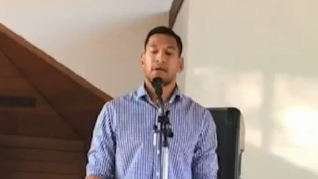 Wallabies star Israel Folau speaking about his battle with Rugby Australia at a Sunday church service.