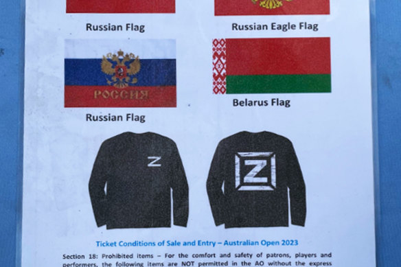 Instructions to Australian Open officials for enforcement of the tournament’s ban on Russian and Belorusian flags.