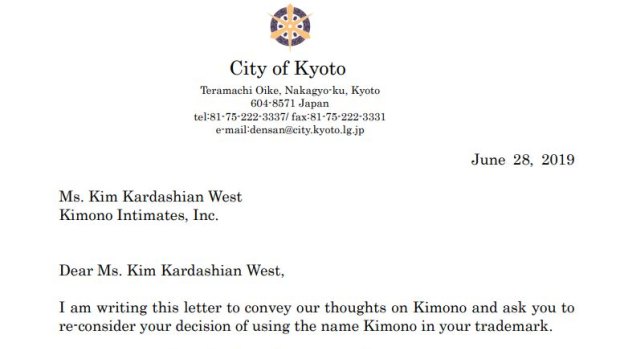 A letter from Kyoto mayor Daisaku Kadokawa to Kim Kardashian West protesting the 'Kimono' name of her shapewear line. 