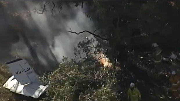 The scene in Greenbank where a light plane crashed into trees and caught fire.