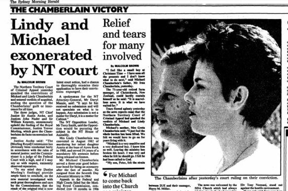 The Sydney Morning Herald reports in September 1988 on the Northern Territory Court of Criminal Appeal quashing the Chamberlains’ convictions over the death of their daughter Azaria, who was taken by a dingo at Uluru.