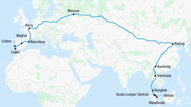 The (theoretical) route for the world’s longest train journey.