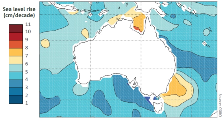 The rate of sea level rises around Australia by satellite observations from 1993 to 2017.