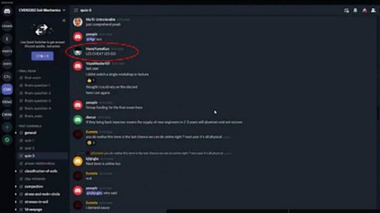UNSW students collaborated on Discord to discuss an engineering exam questions as it was taking places.