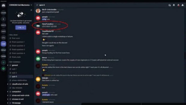 UNSW students collaborated on Discord to discuss engineering exam questions as the exam was taking place.